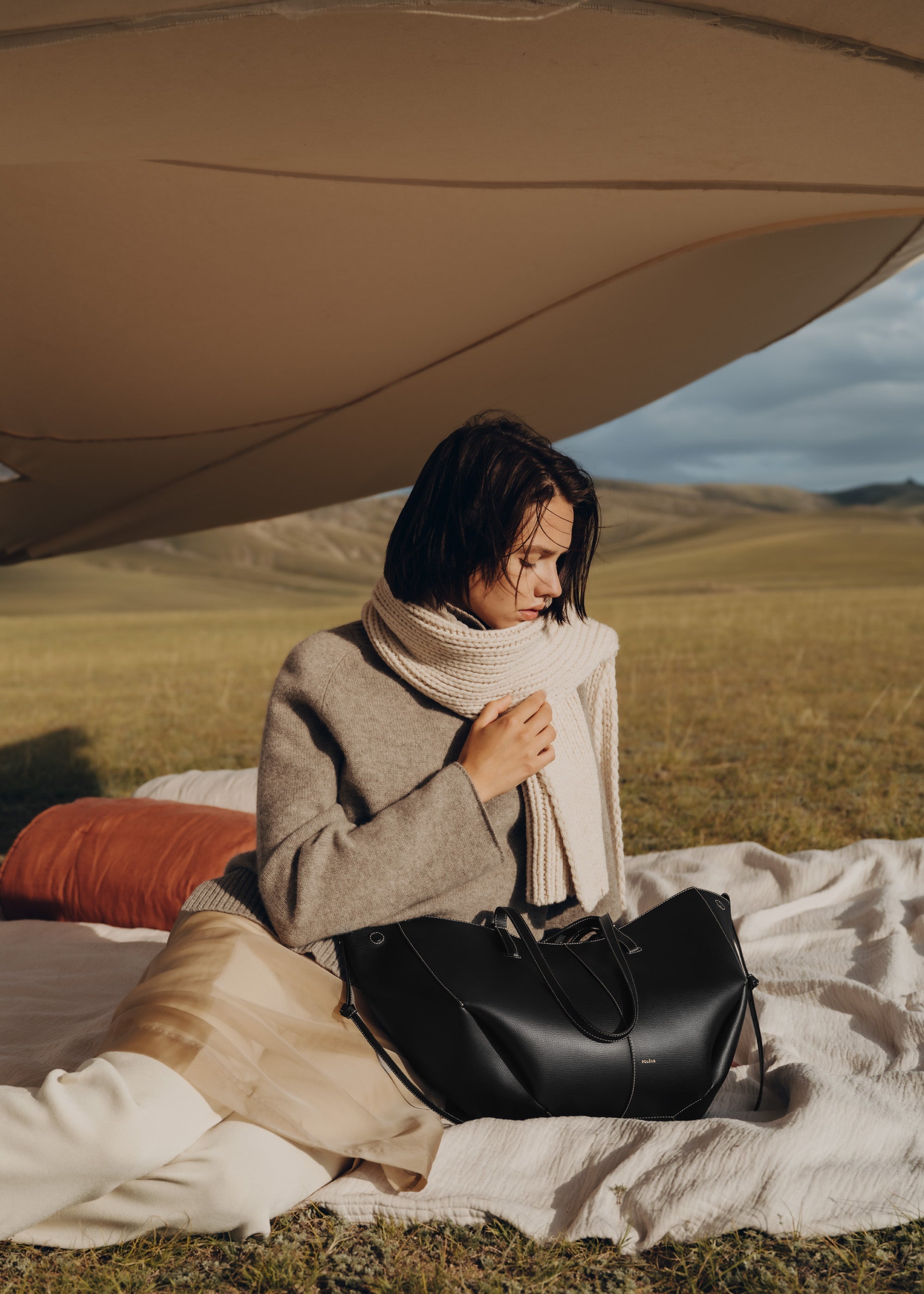 Polene Cyme Textured Black with Ecru Stitching