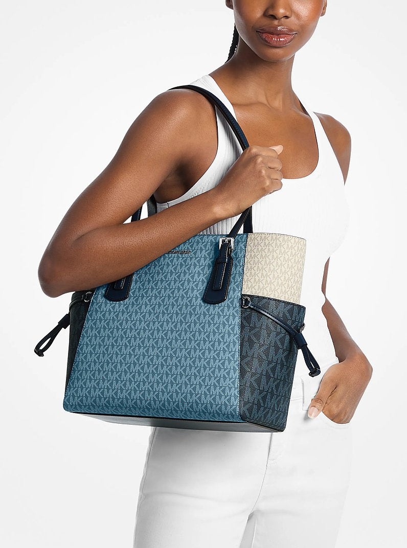 Michael Kors Voyager Large Color-Block Signature Logo Tote Bag Denim Multi