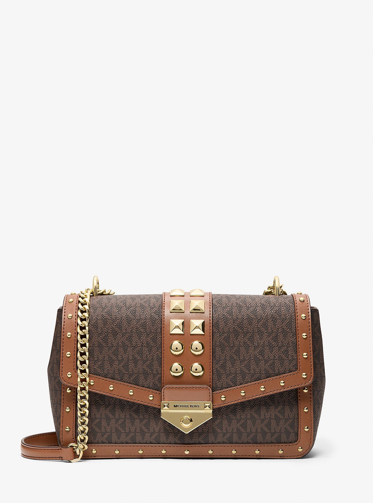 Soho Large Studded Signature Logo Shoulder Bag Brown Brown