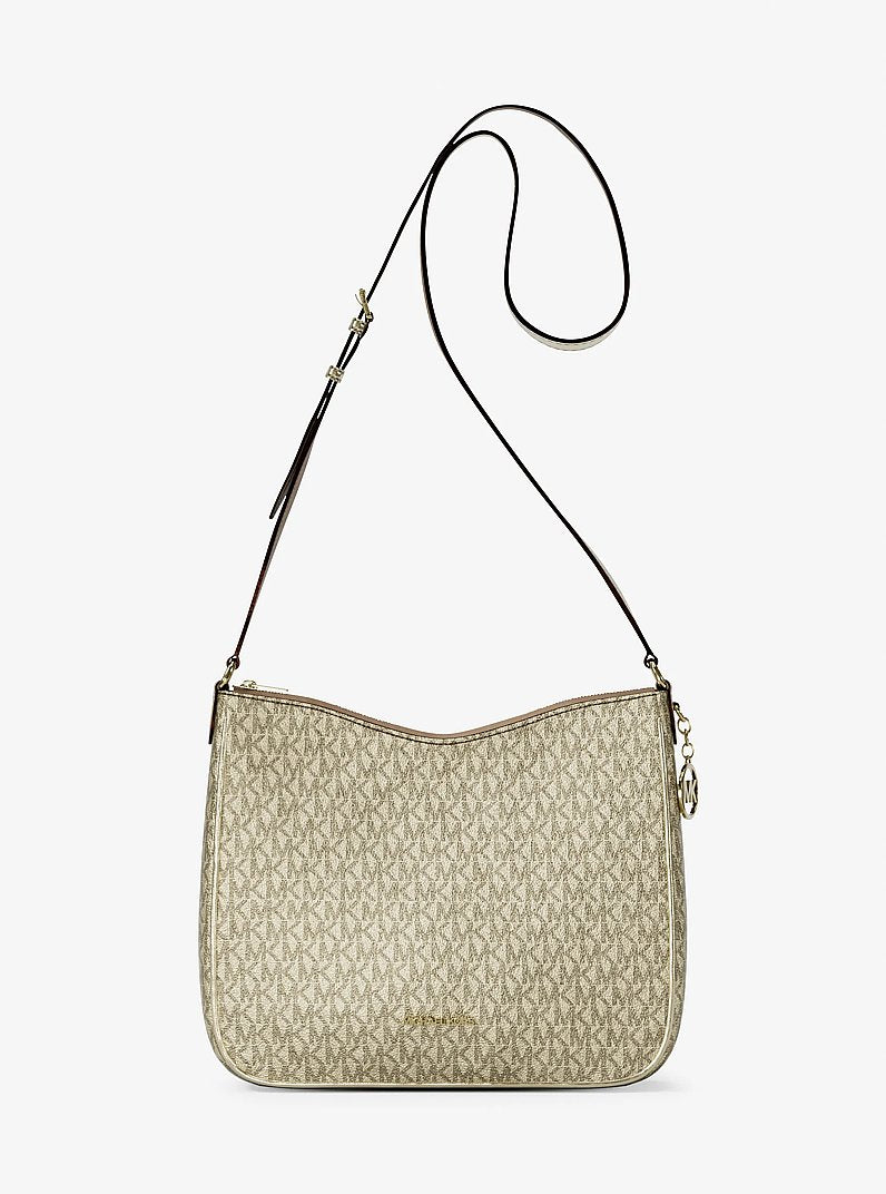 Michael Kors Nayla Medium Metallic Signature Logo Messenger Bag Pale Gold