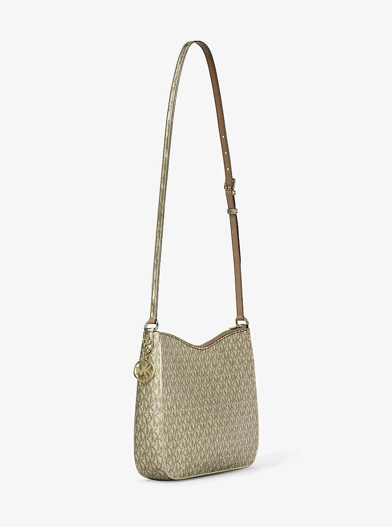 Michael Kors Nayla Medium Metallic Signature Logo Messenger Bag Pale Gold