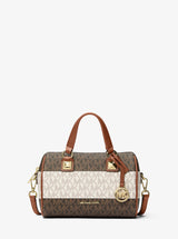 Michael Kors Grayson Small Striped Signature Logo Duffel Crossbody Bag Vanilla-Luggage