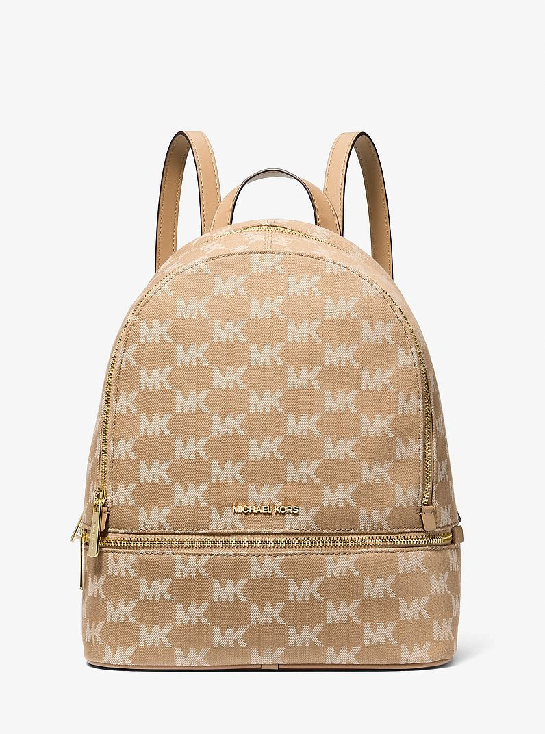 Michael Kors Rhea Medium Logo Jacquard Denim Backpack Camel