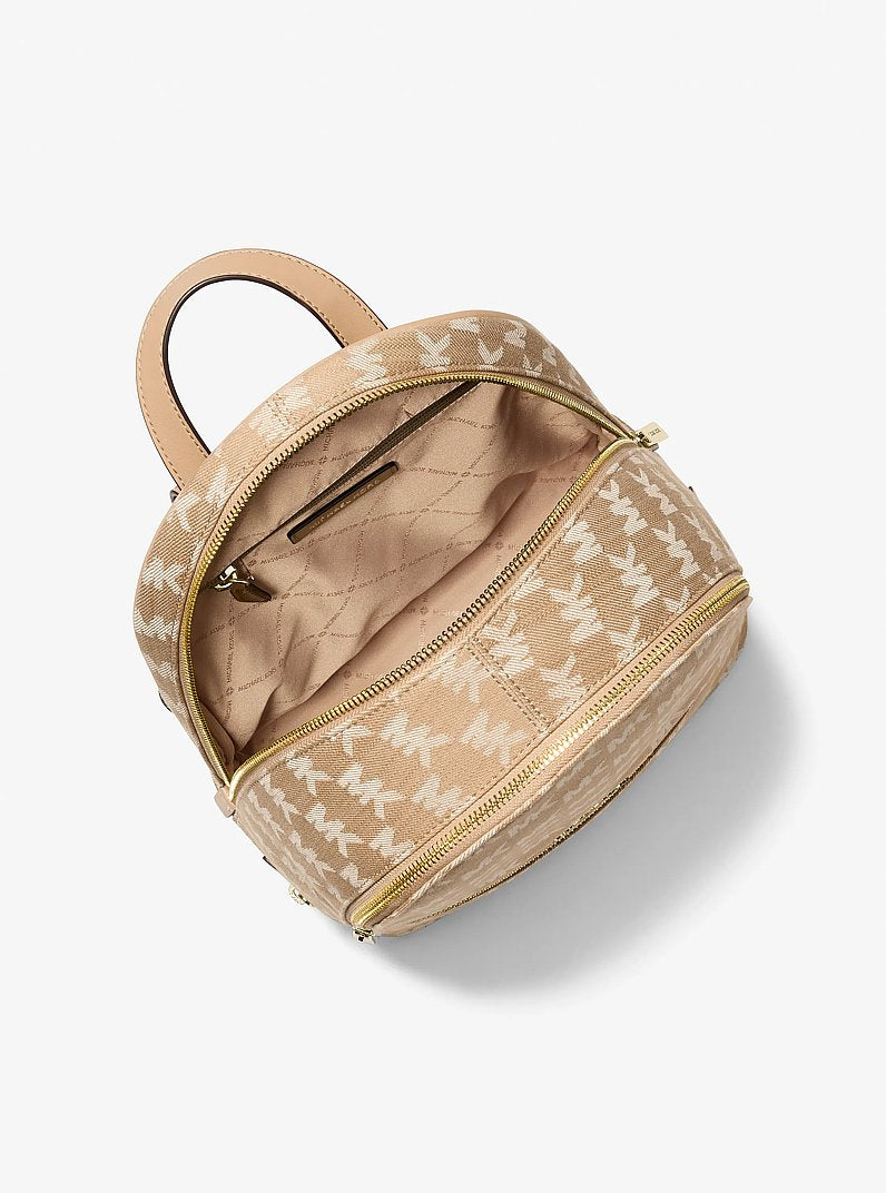 Michael Kors Rhea Medium Logo Jacquard Denim Backpack Camel