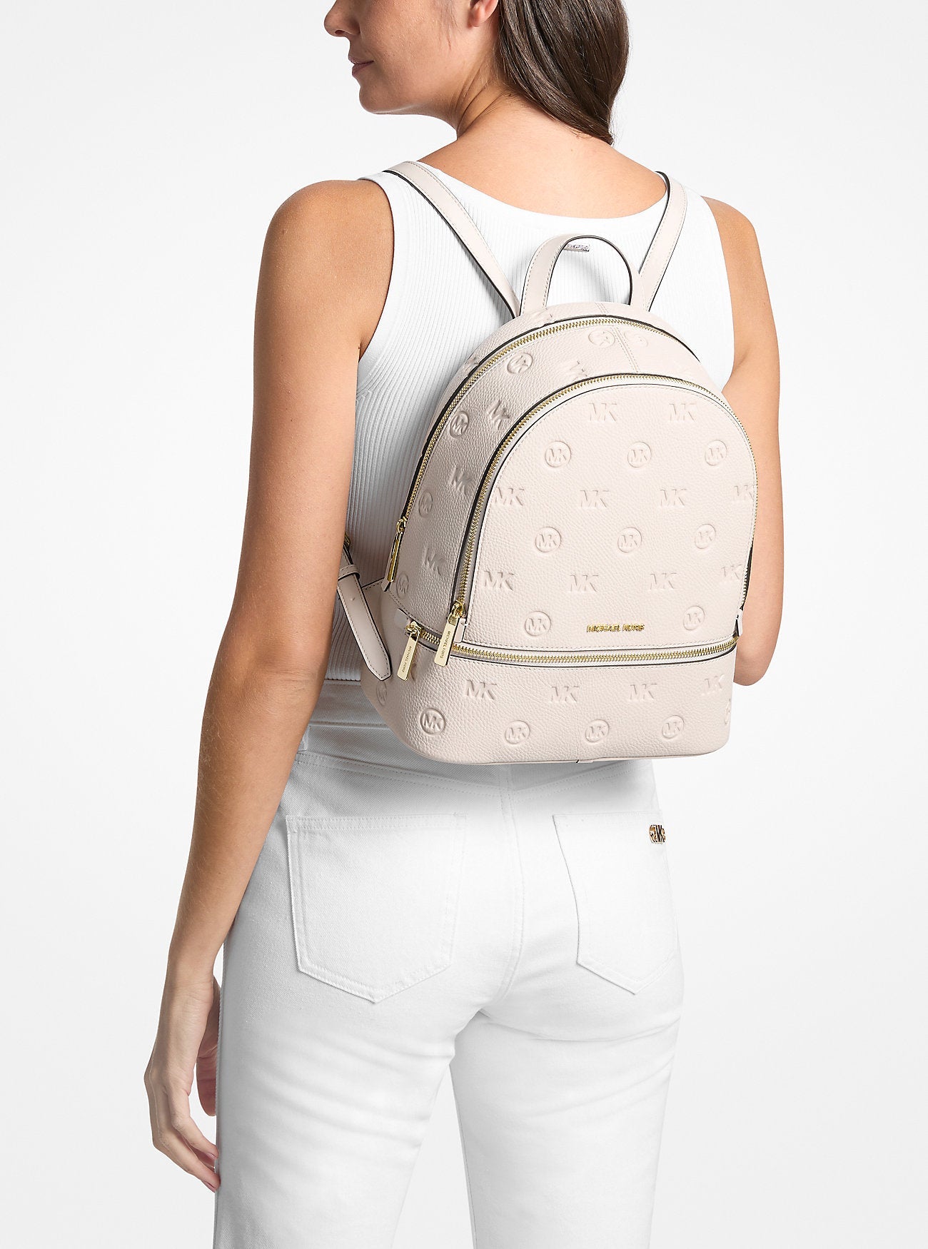 Michael Kors Rhea Medium Logo Debossed Backpack Lt Cream