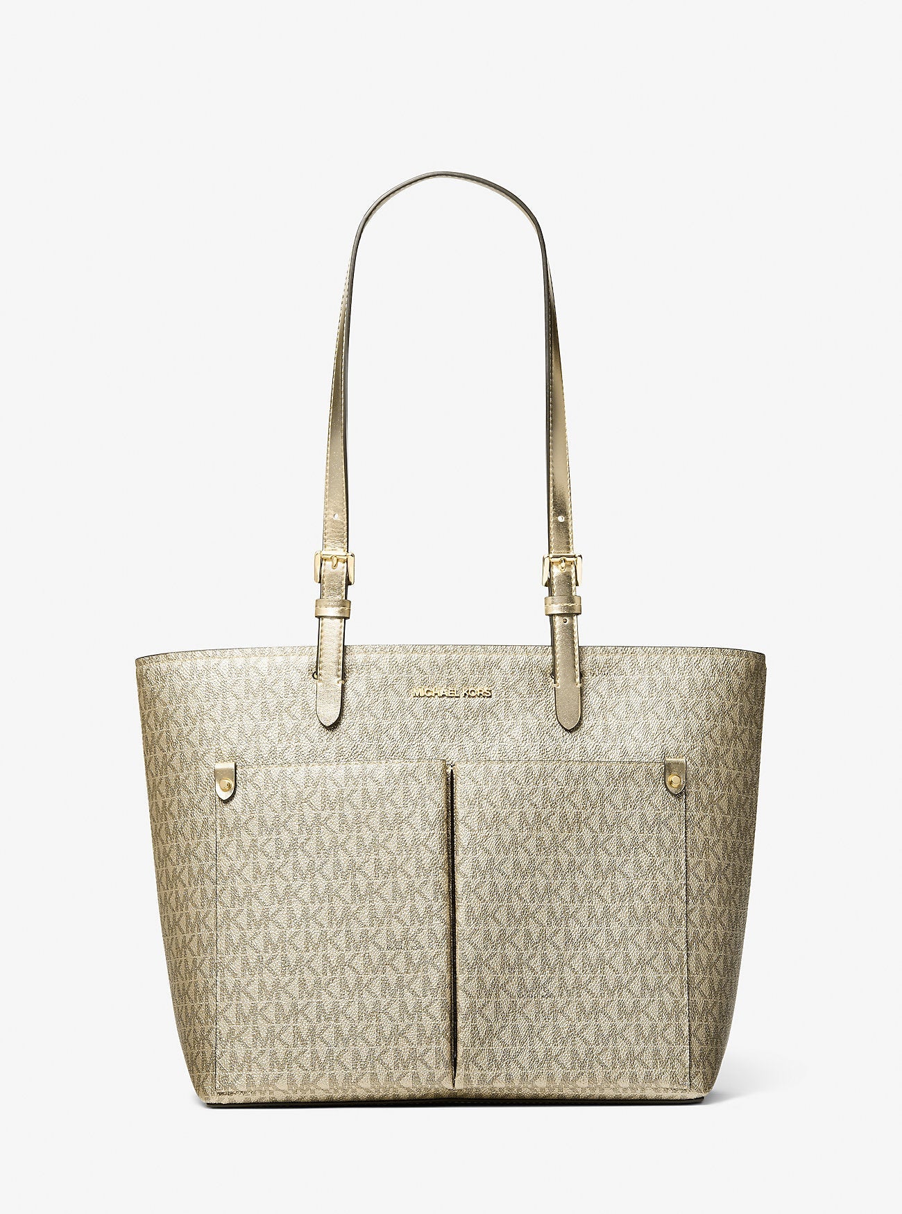 Jet Set Medium Metallic Signature Logo Pocket Tote Bag Pale Gold Pale Gold