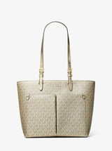 Michael Kors Jet Set Medium Metallic Signature Logo Pocket Tote Bag Pale Gold