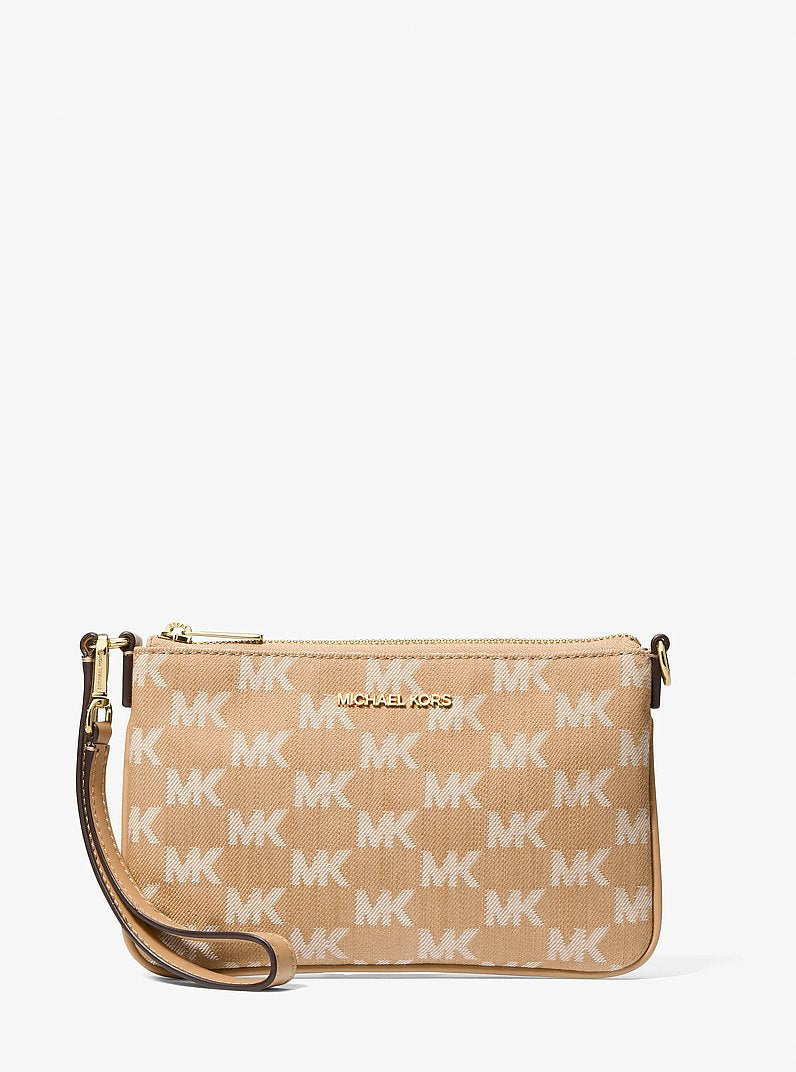 Michael Kors Jet Set Travel Small Logo Jacquard Denim Wristlet Camel