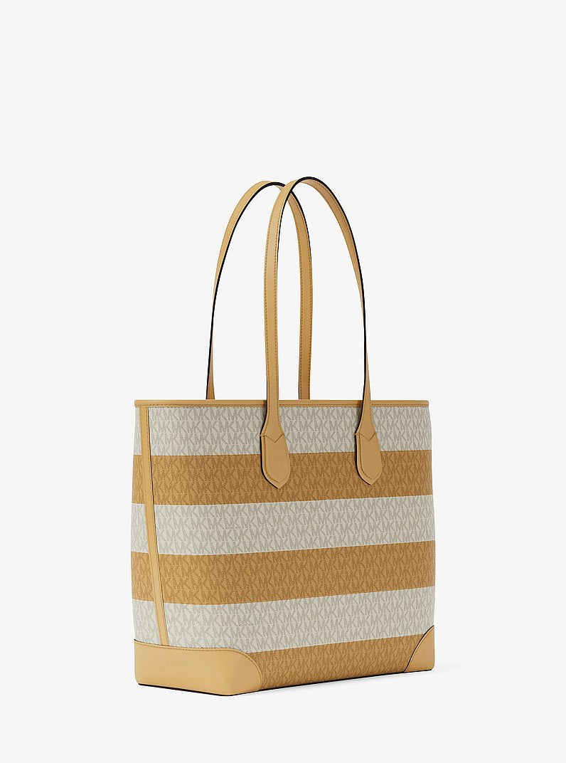 Michael Kors Eva Large Striped Signature Logo Tote Bag Honeywheat