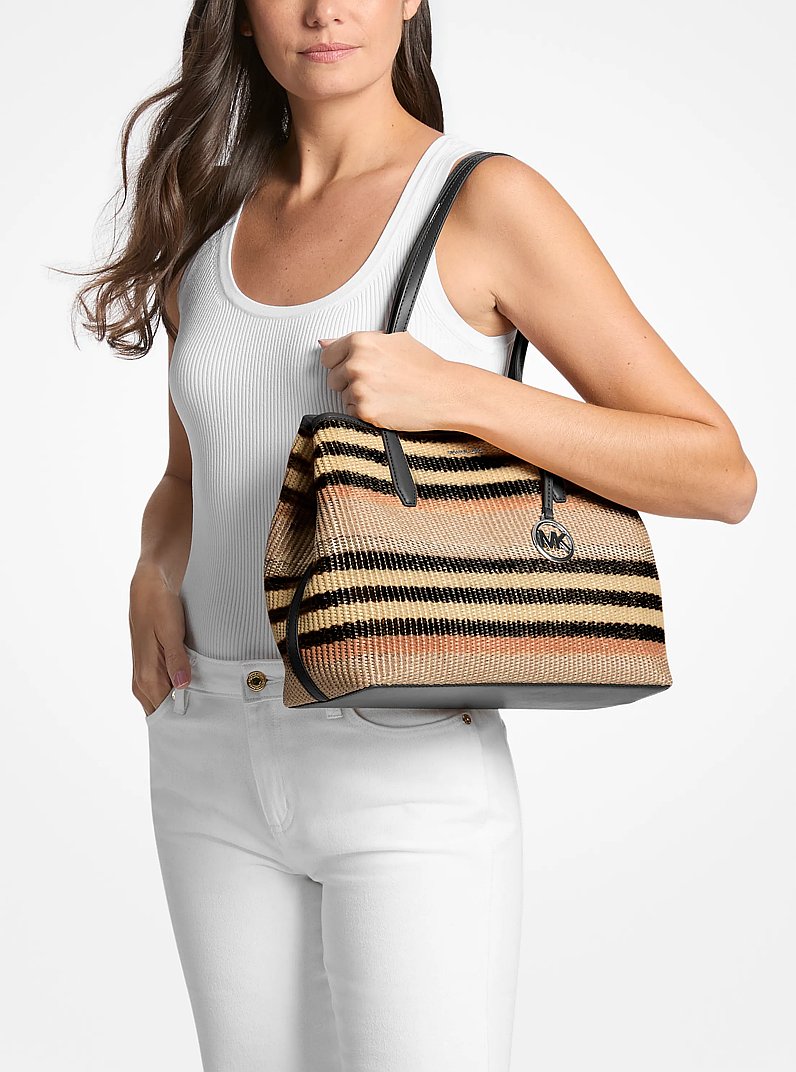 Michael Kors Avalon Medium Striped Woven Tote Bag Black