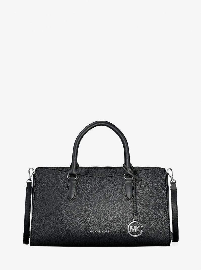 Michael Kors Arden Medium Pebbled Leather and Signature Logo Top-Zip Satchel Black
