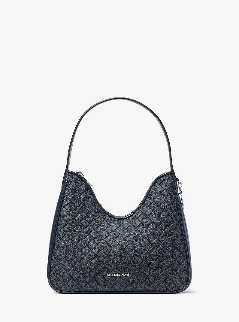 Michael Kors Nayla Small Woven Signature Logo Hobo Shoulder Bag Admiral
