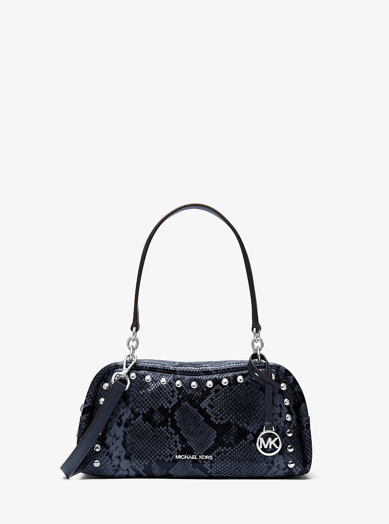 Michael Kors Cecily Small Studded Snake Embossed Shoulder Bag Navy