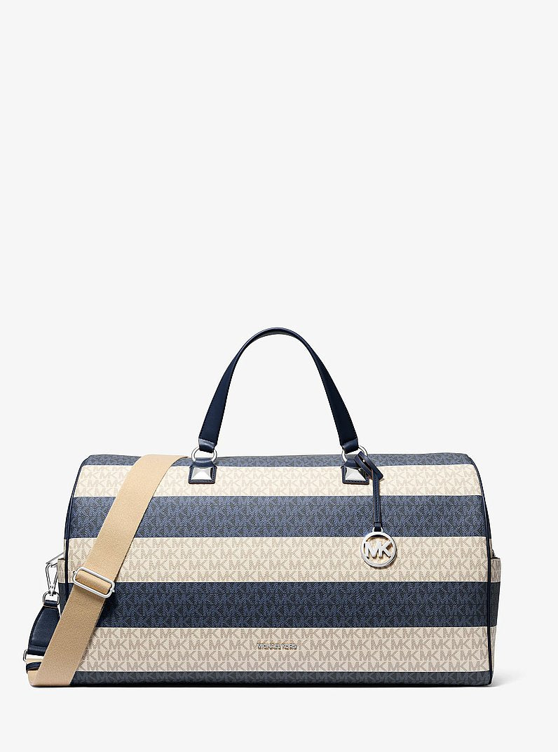 Michael Kors Grayson Extra-Large Striped Signature Logo Weekender Bag Navy