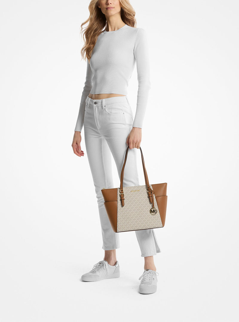 Charlotte Large Logo and Leather Top-Zip Tote Bag Vanilla Vanilla