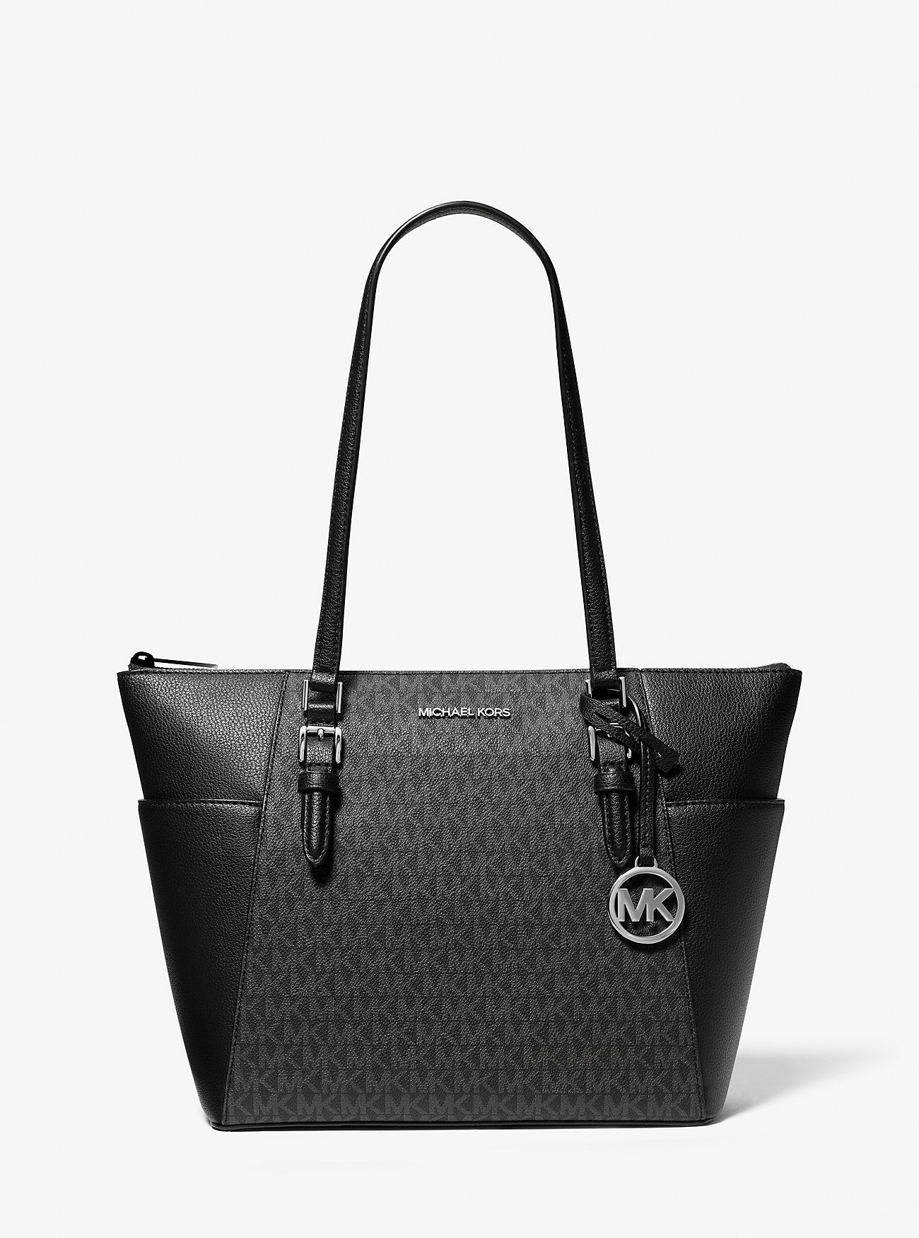 Charlotte Large Logo and Leather Top-Zip Tote Bag Black Black