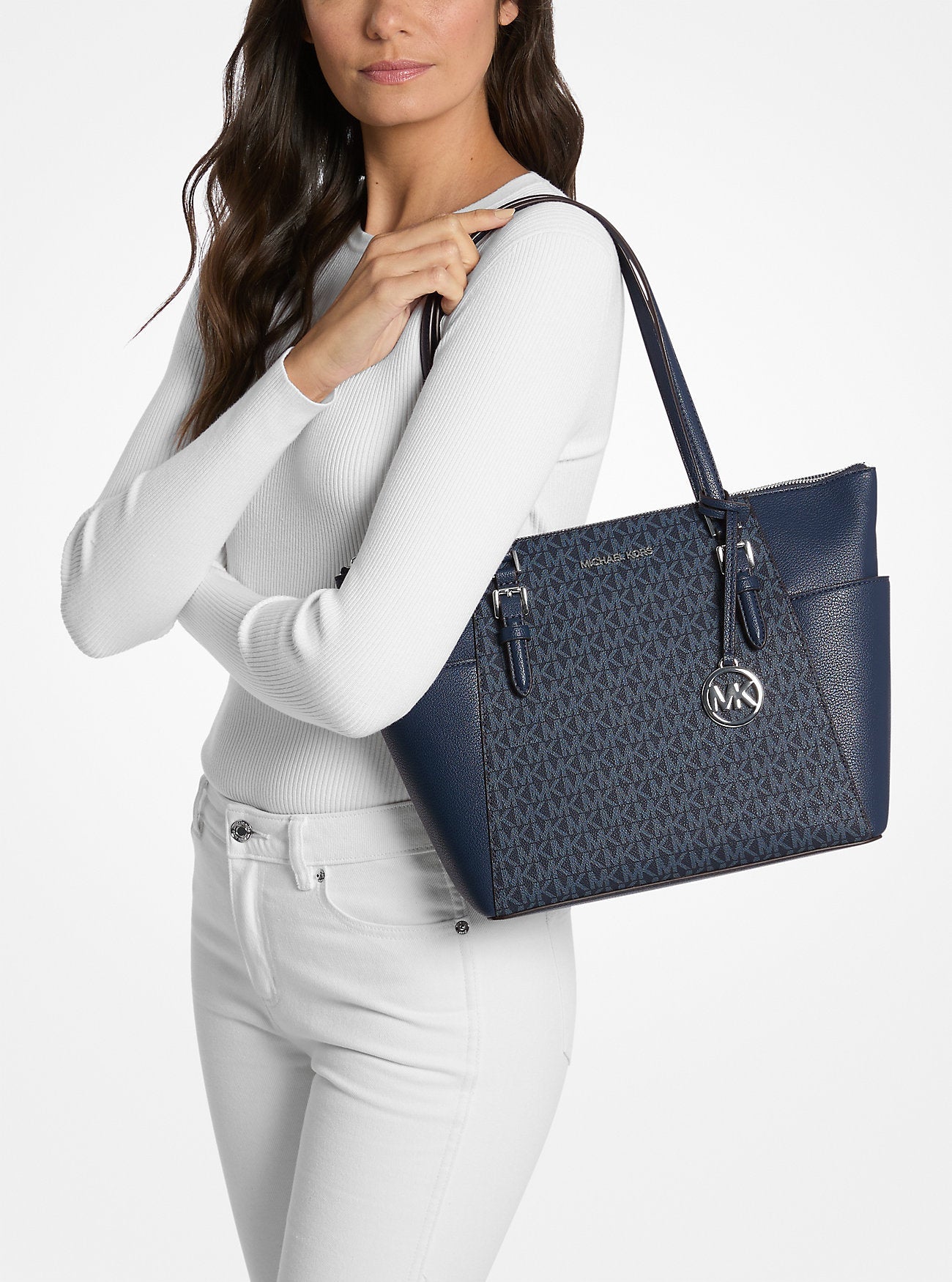 Charlotte Large Logo and Leather Top-Zip Tote Bag Admiral Admiral