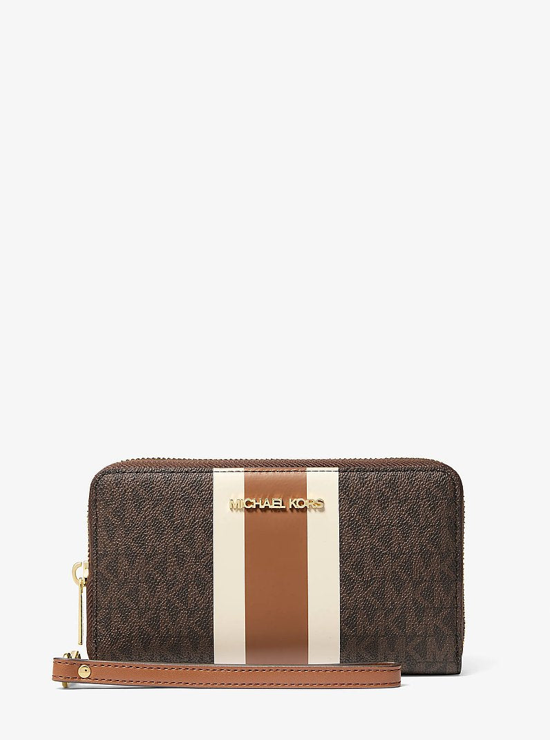 Michael Kors Jet Set Travel Large Striped Signature Logo Smartphone Wallet Brown Multi