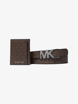 Michael Kors Signature Logo Tri-Fold Card Case and Belt Gift Set Brown-Blk