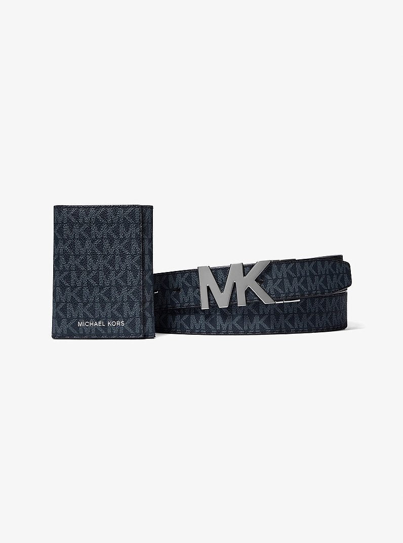 Michael Kors Signature Logo Tri-Fold Card Case and Belt Gift Set Admrl-Plblue