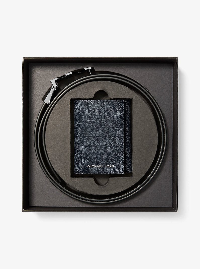 Michael Kors Signature Logo Tri-Fold Card Case and Belt Gift Set Admrl-Plblue