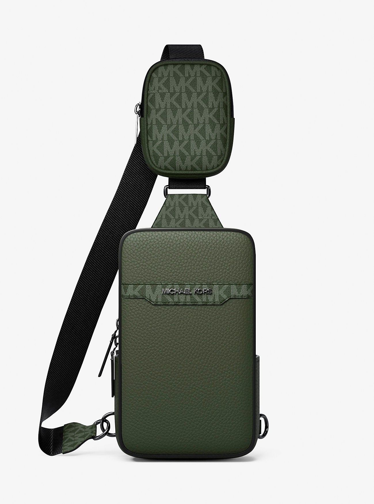 Michael Kors Cooper Medium Pebbled Leather and Signature Logo Sling Pack with Pouch Moss