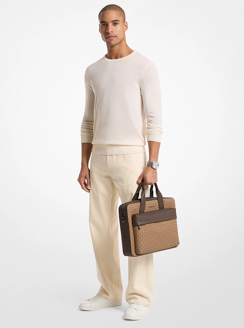 Michael Kors Pacey Medium Signature Logo Pocket Briefcase Camel