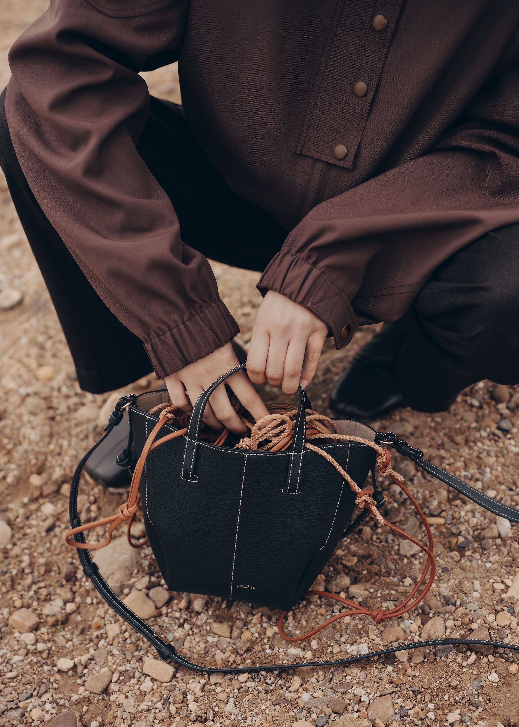 Polene Cyme Tote Nano Textured Black with Ecru Stitching