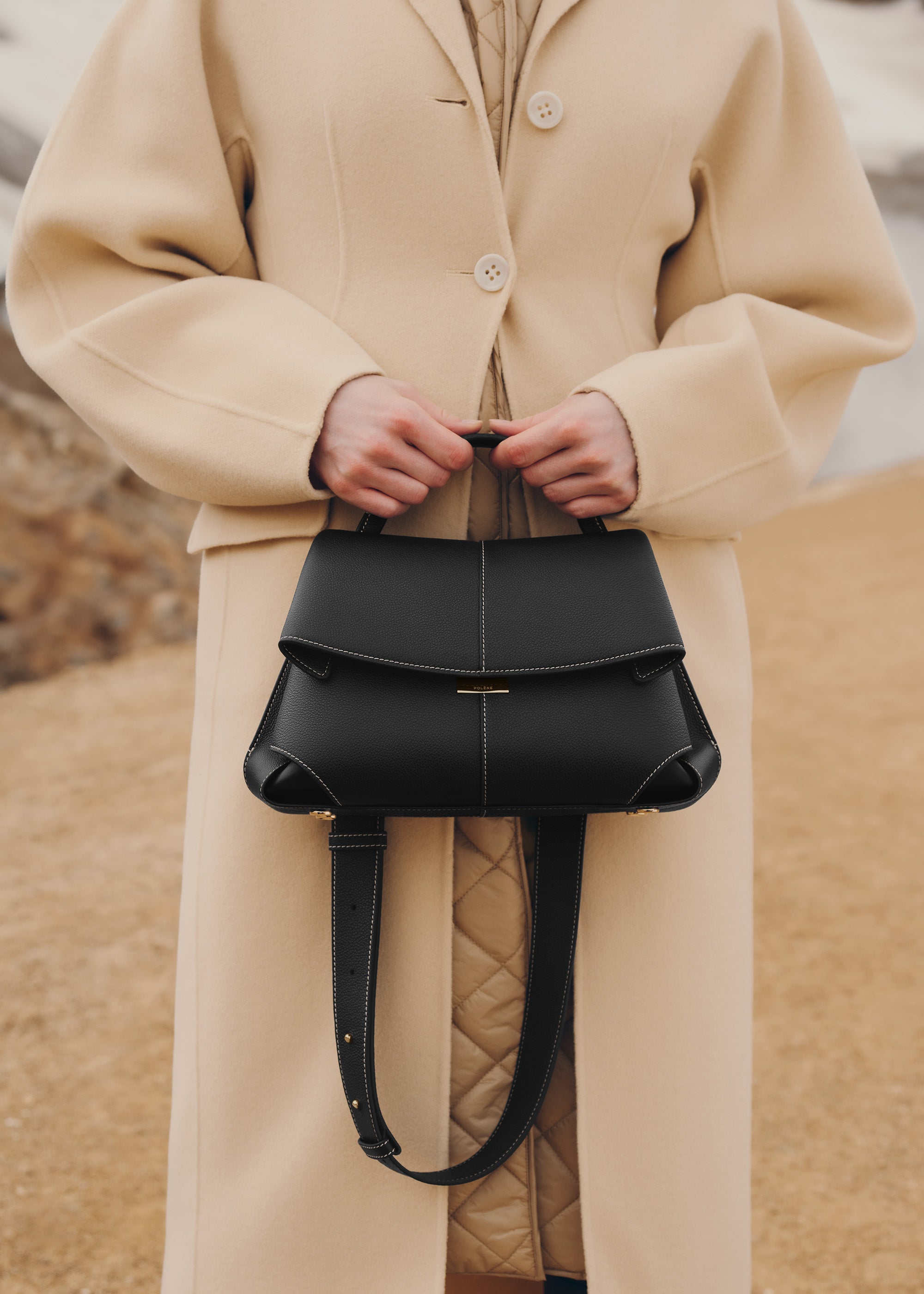 Polene Mokki Textured Black with Ecru Stitching