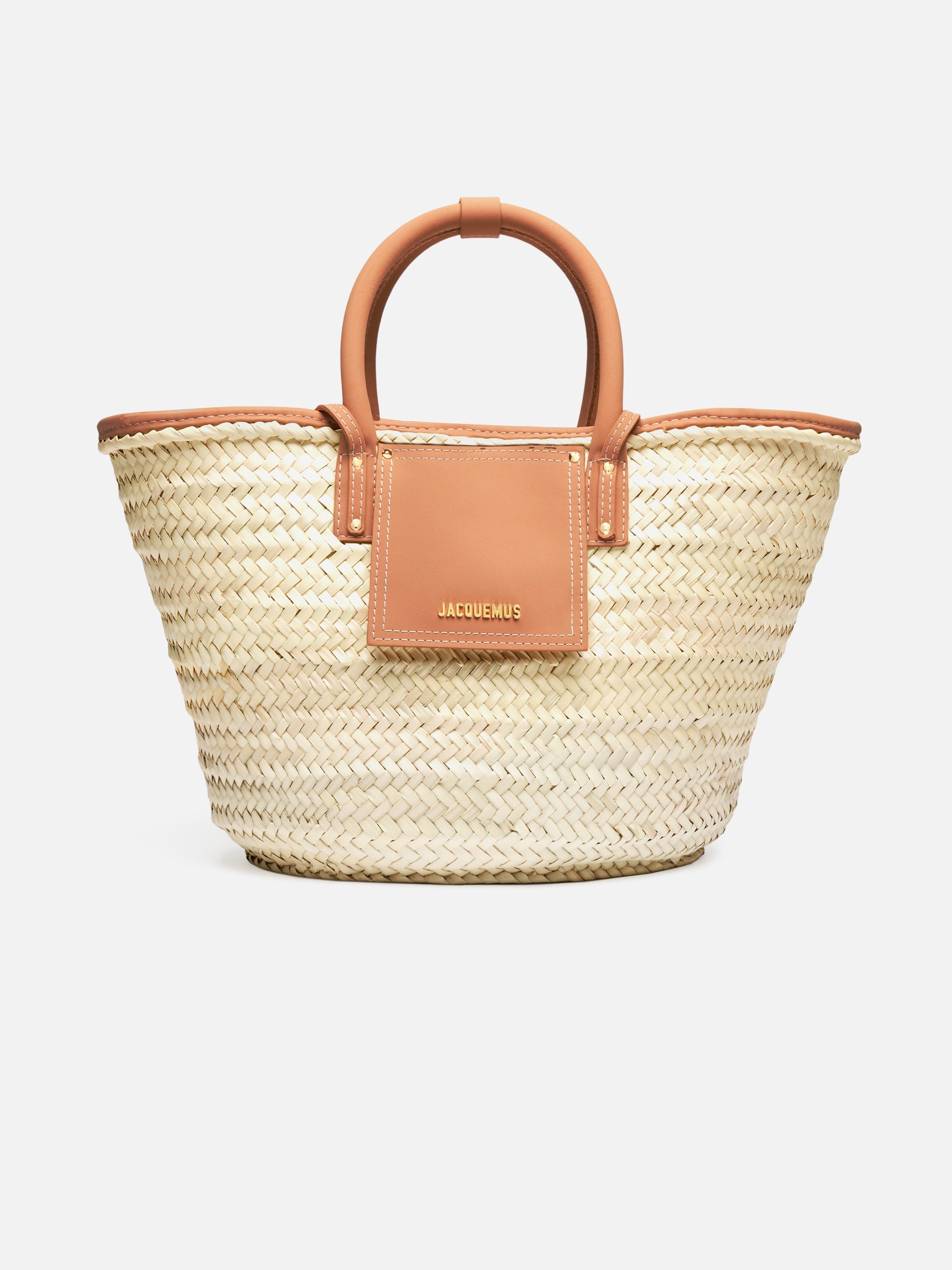Jacquemus The Soli Basket Handwoven Straw Bag With Smooth Leather Details Light Brown