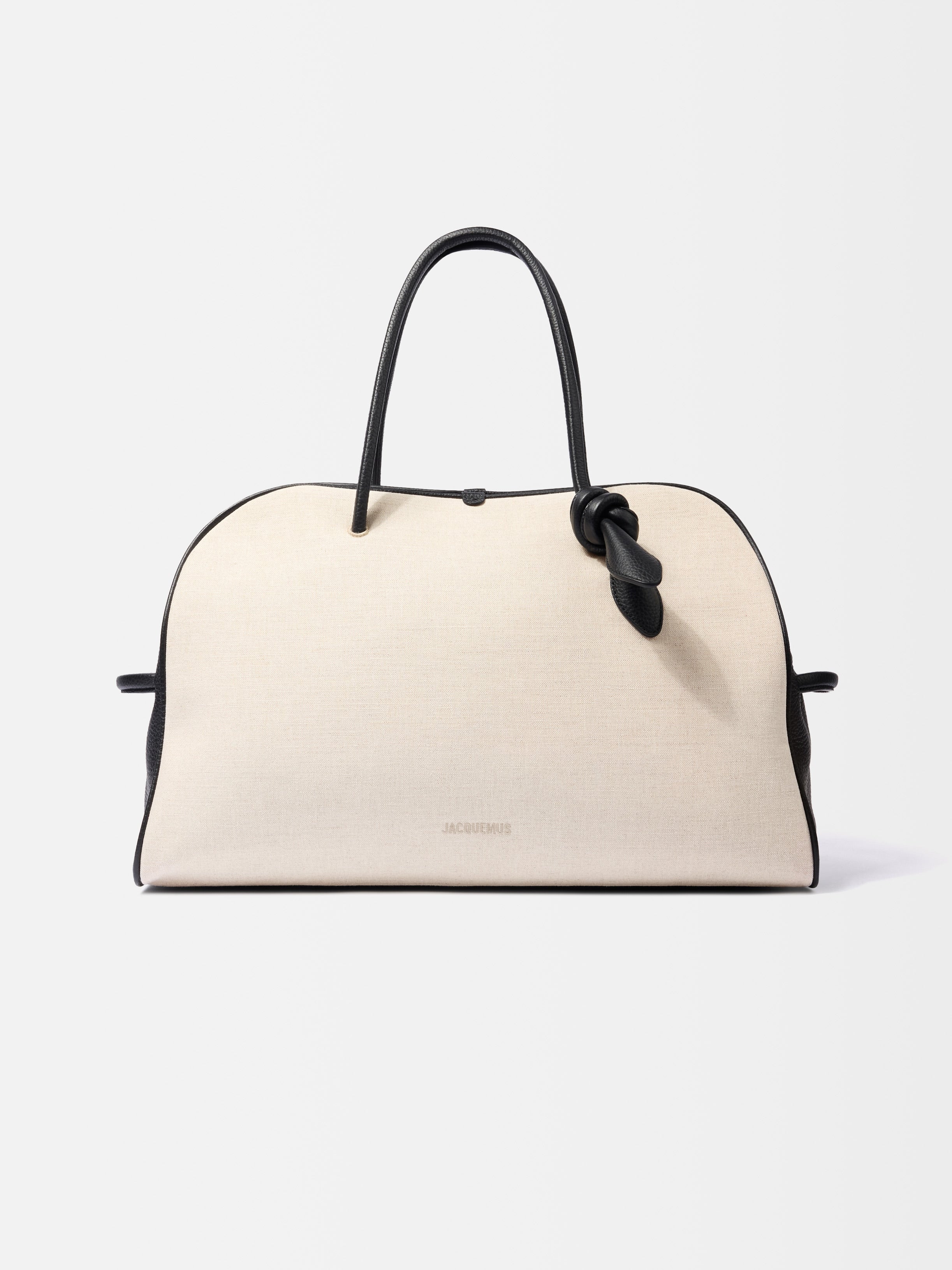 Jacquemus The Large Turismo Linen Bowling Bag With Grained Leather Trim Light Greige/Black