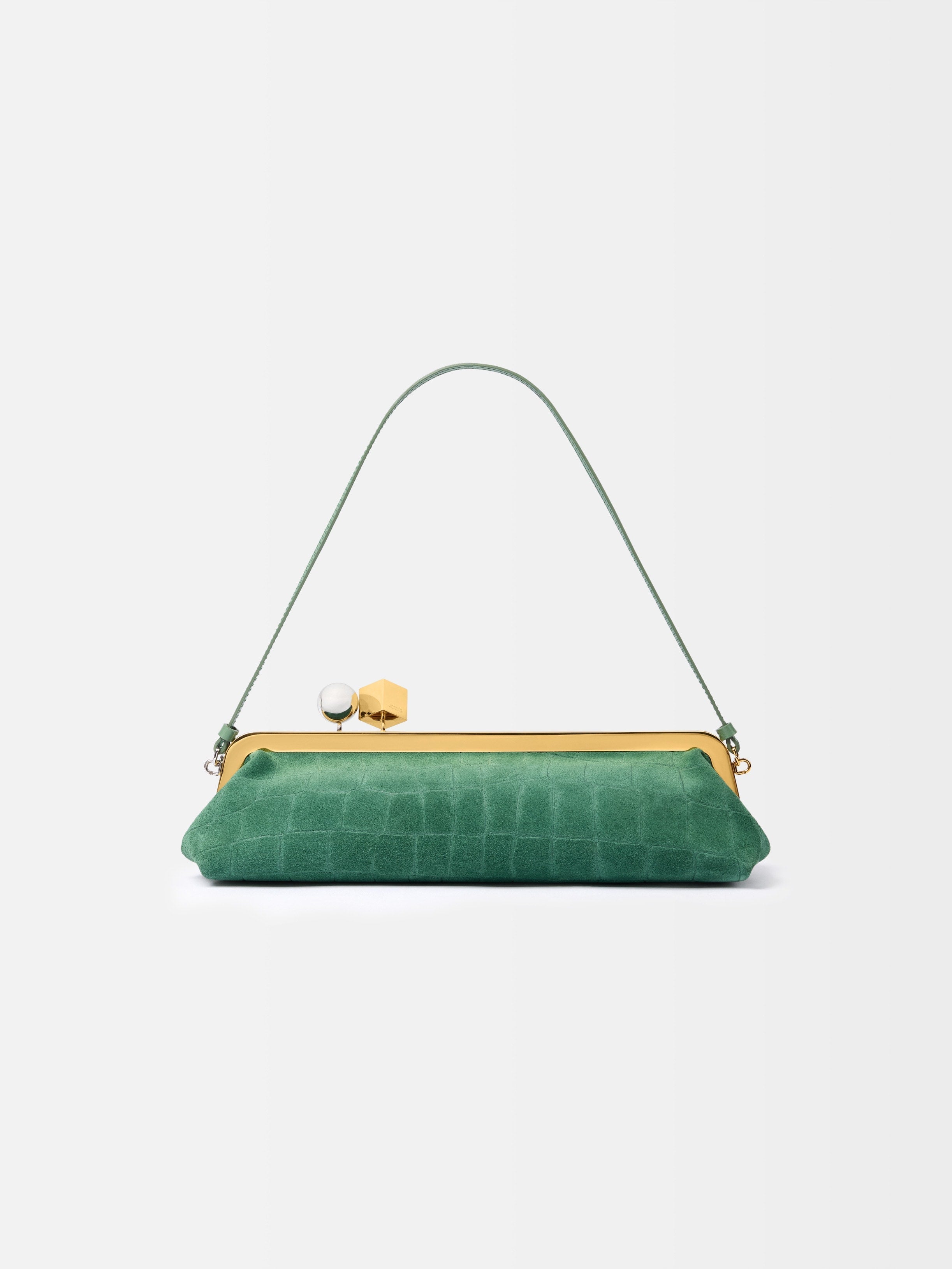Jacquemus The Salon Clutch Long Clutch Bag In Crocodile-Embossed Suede Dark Mint