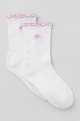 Alo Yoga Women's Lettuce Edge Sock - White/Candy Heart Pink