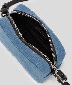 KarlLagerfeld Metal Logo Denim Camera Bag Bright Blue Marble