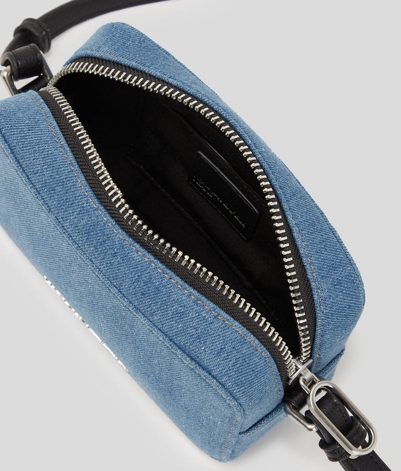 KarlLagerfeld Metal Logo Denim Camera Bag Bright Blue Marble