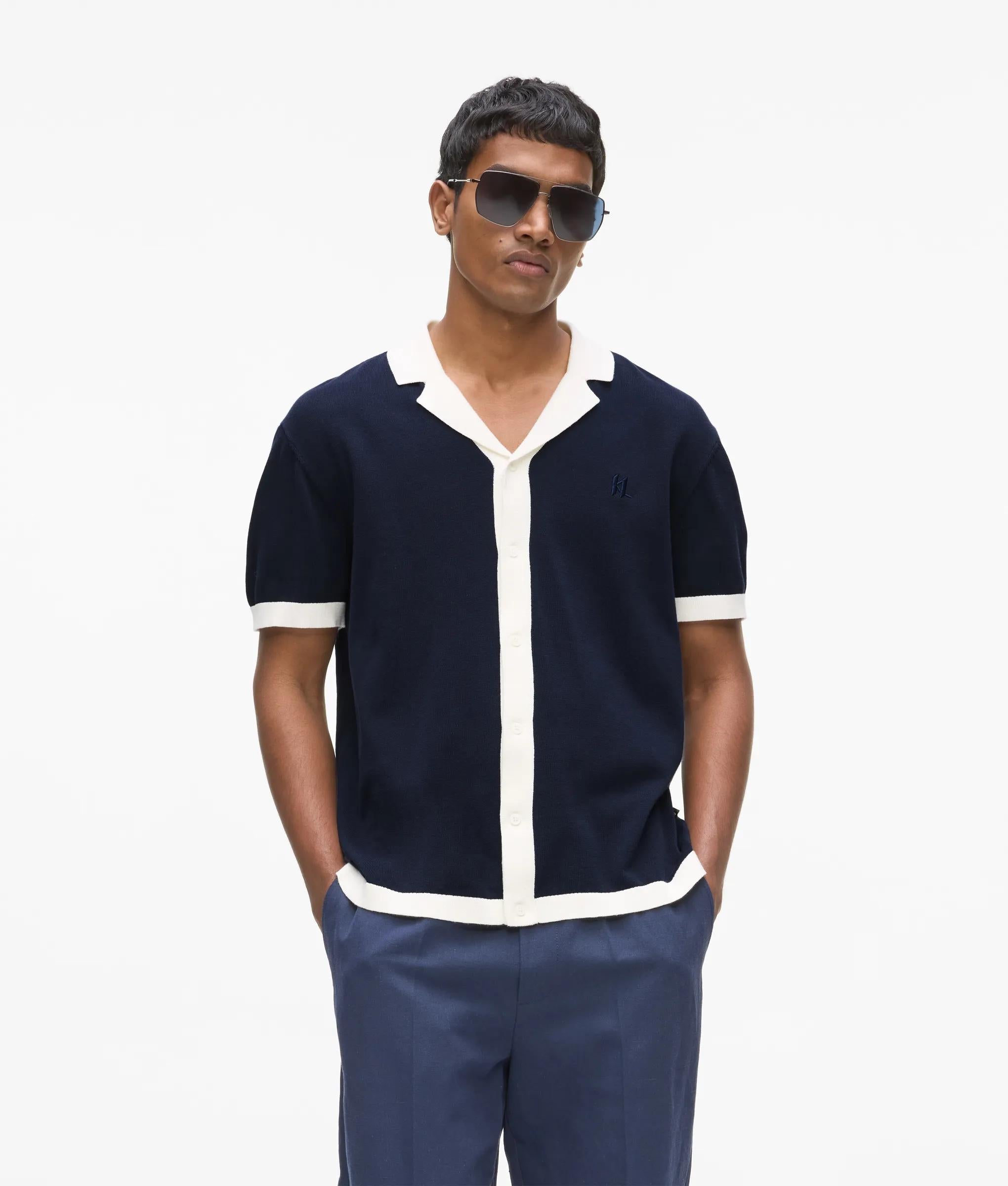 Karl Lagerfeld Monogram Knitted Polo Shirt Peacoat