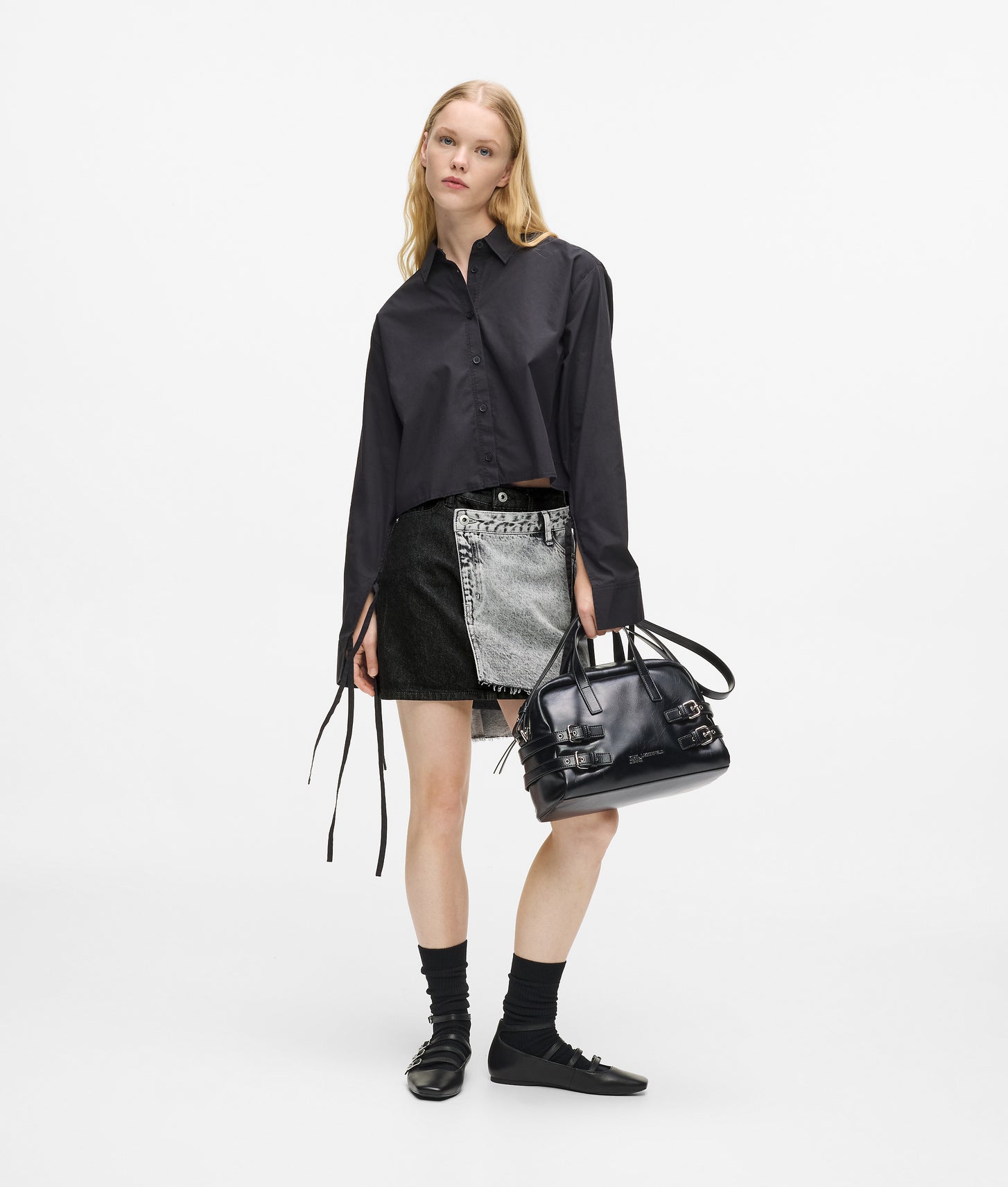 Karl Lagerfeld Two-Tone Denim Mini Skirt Washed Black Blocked
