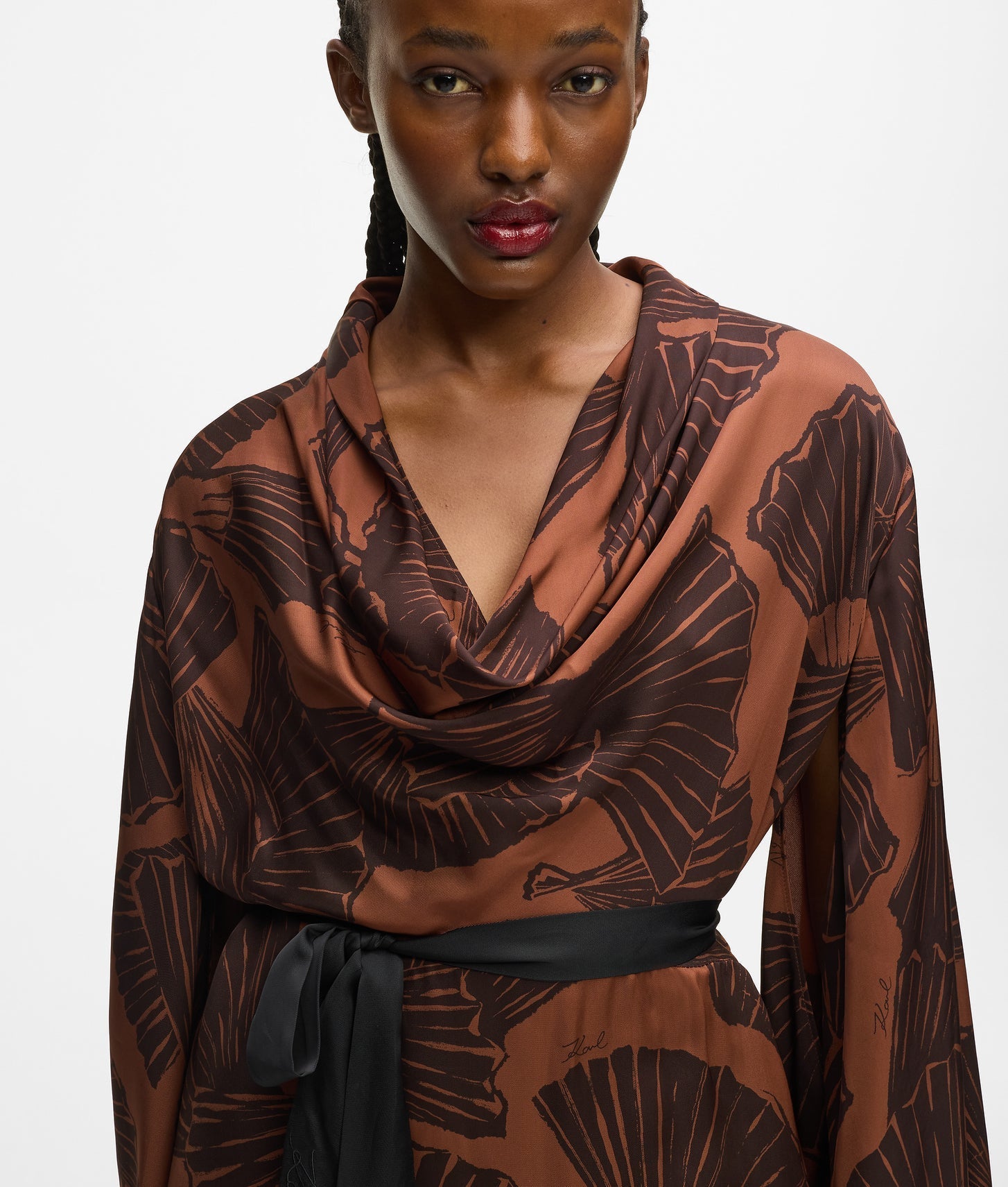 Karl Lagerfeld Fan Print Kaftan Dress Graphic Fan Friar Brown