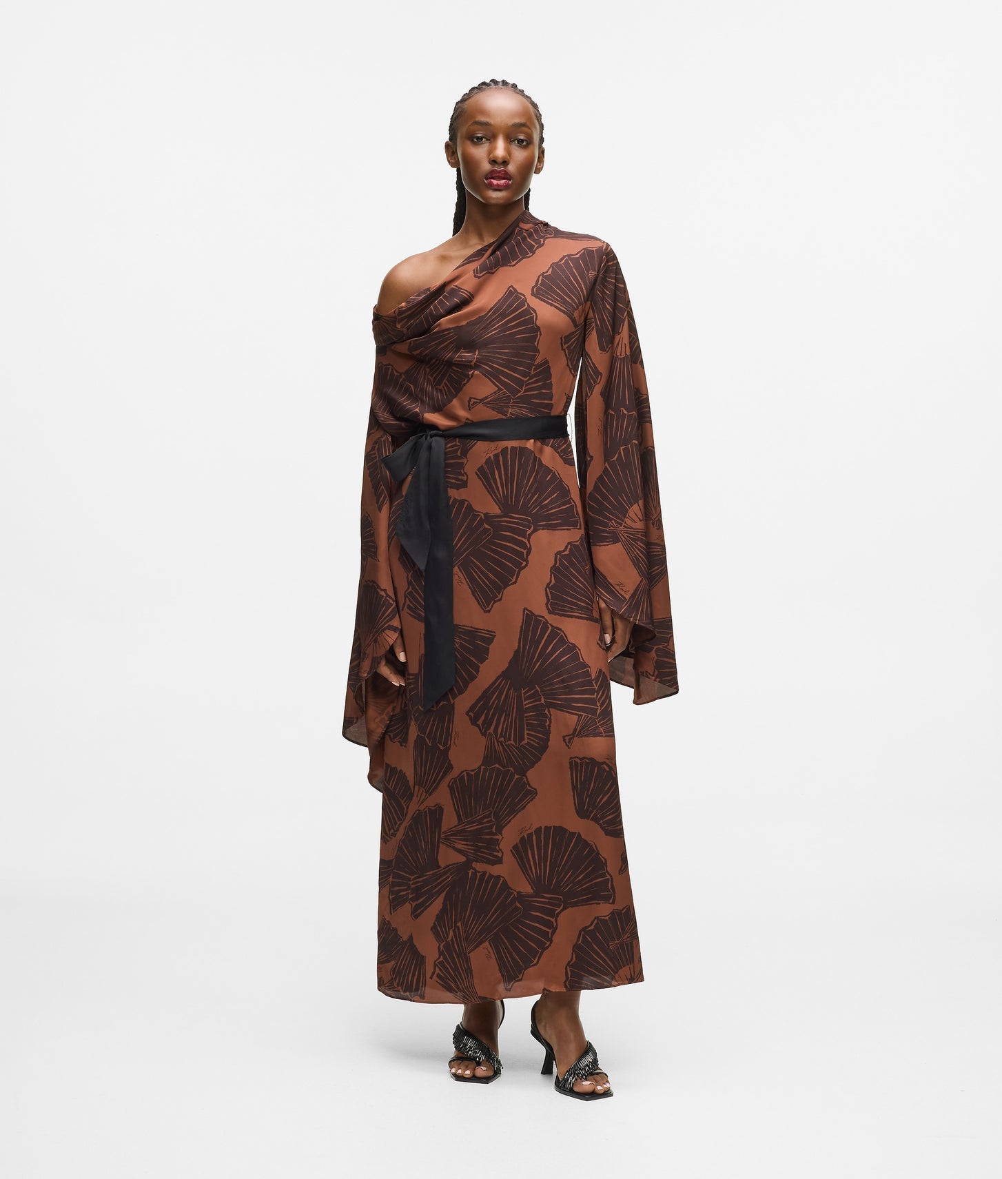 Karl Lagerfeld Fan Print Kaftan Dress Graphic Fan Friar Brown