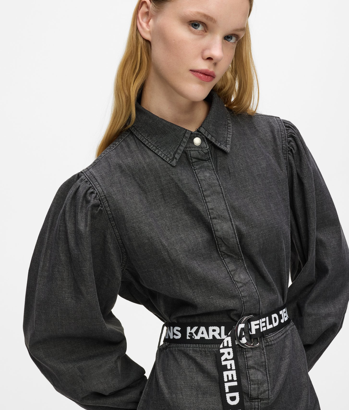 Karl Lagerfeld Belted Denim Dress Washed Black