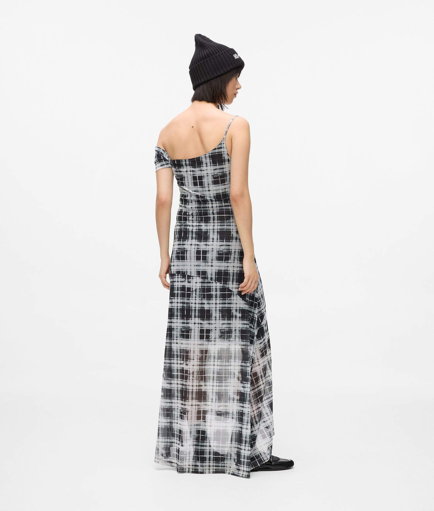 Karl Lagerfeld Checked Mesh Maxi Dress Bleached Check Black All Over Print