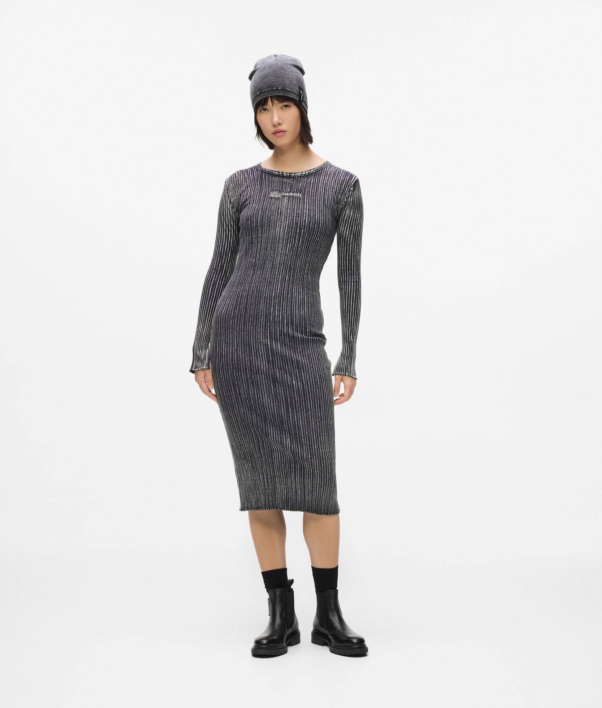 Karl Lagerfeld Ribbed Long-Sleeved Dress Washed Black