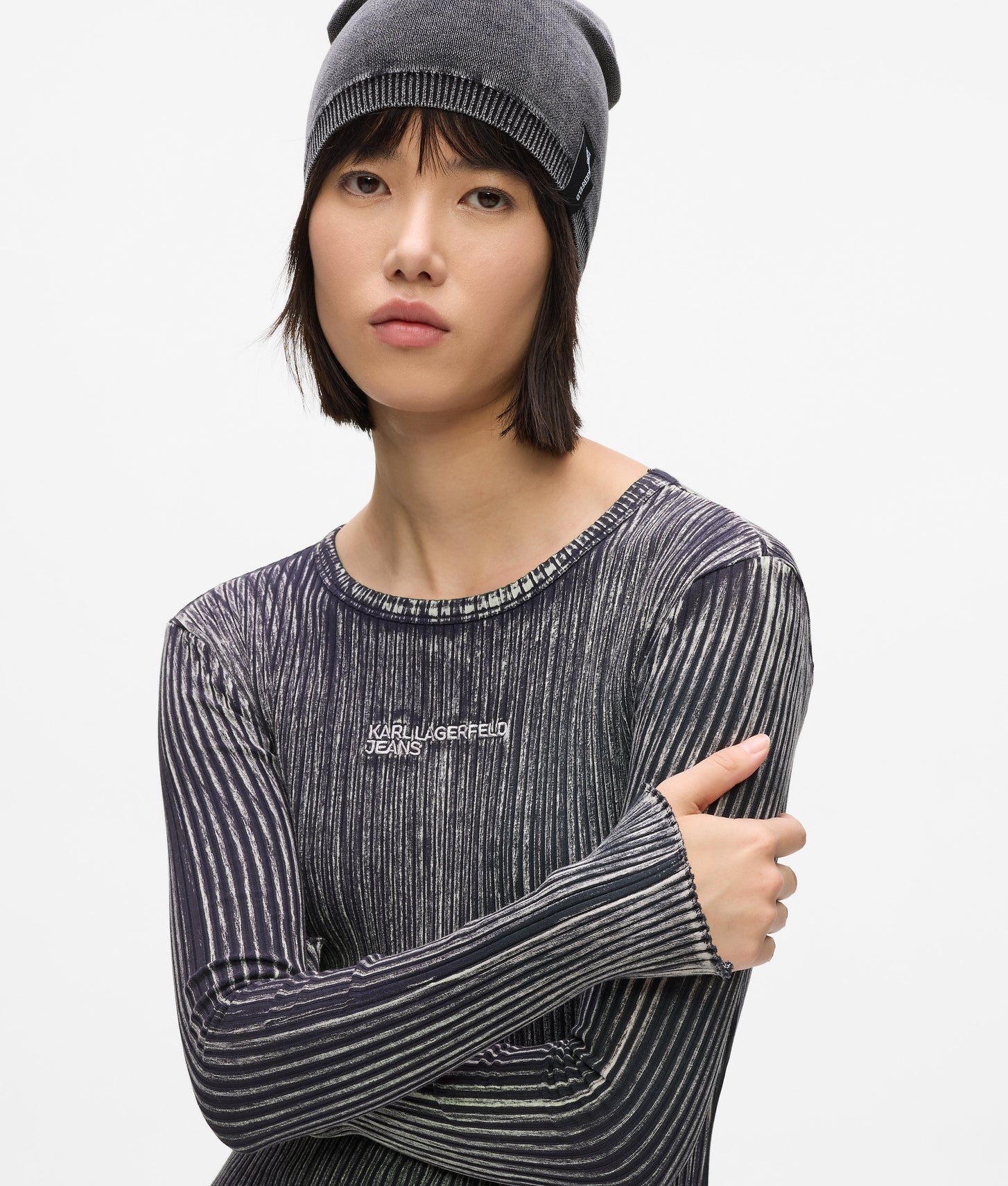Karl Lagerfeld Ribbed Long-Sleeved Dress Washed Black