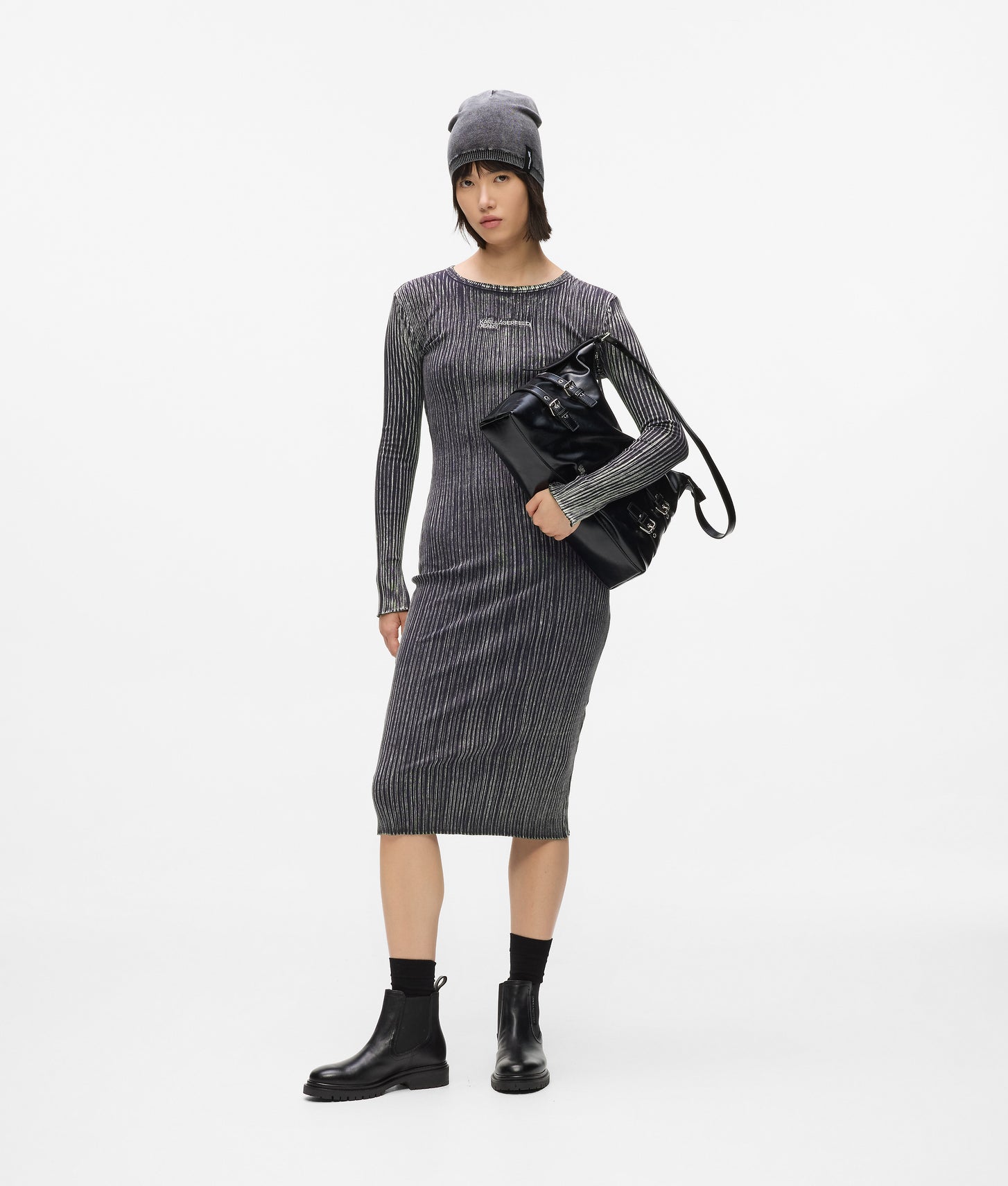 Karl Lagerfeld Ribbed Long-Sleeved Dress Washed Black