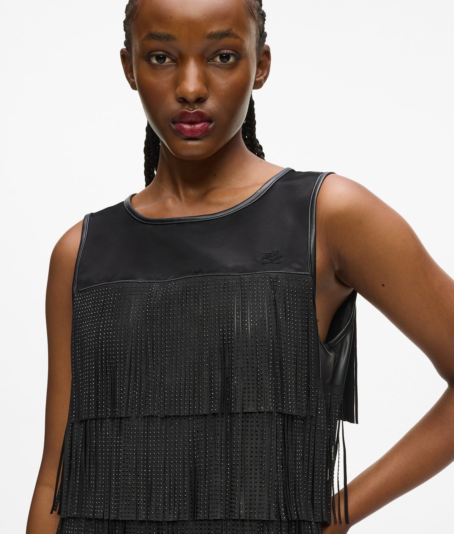 Karl Lagerfeld Faux Leather Fringe Dress Black