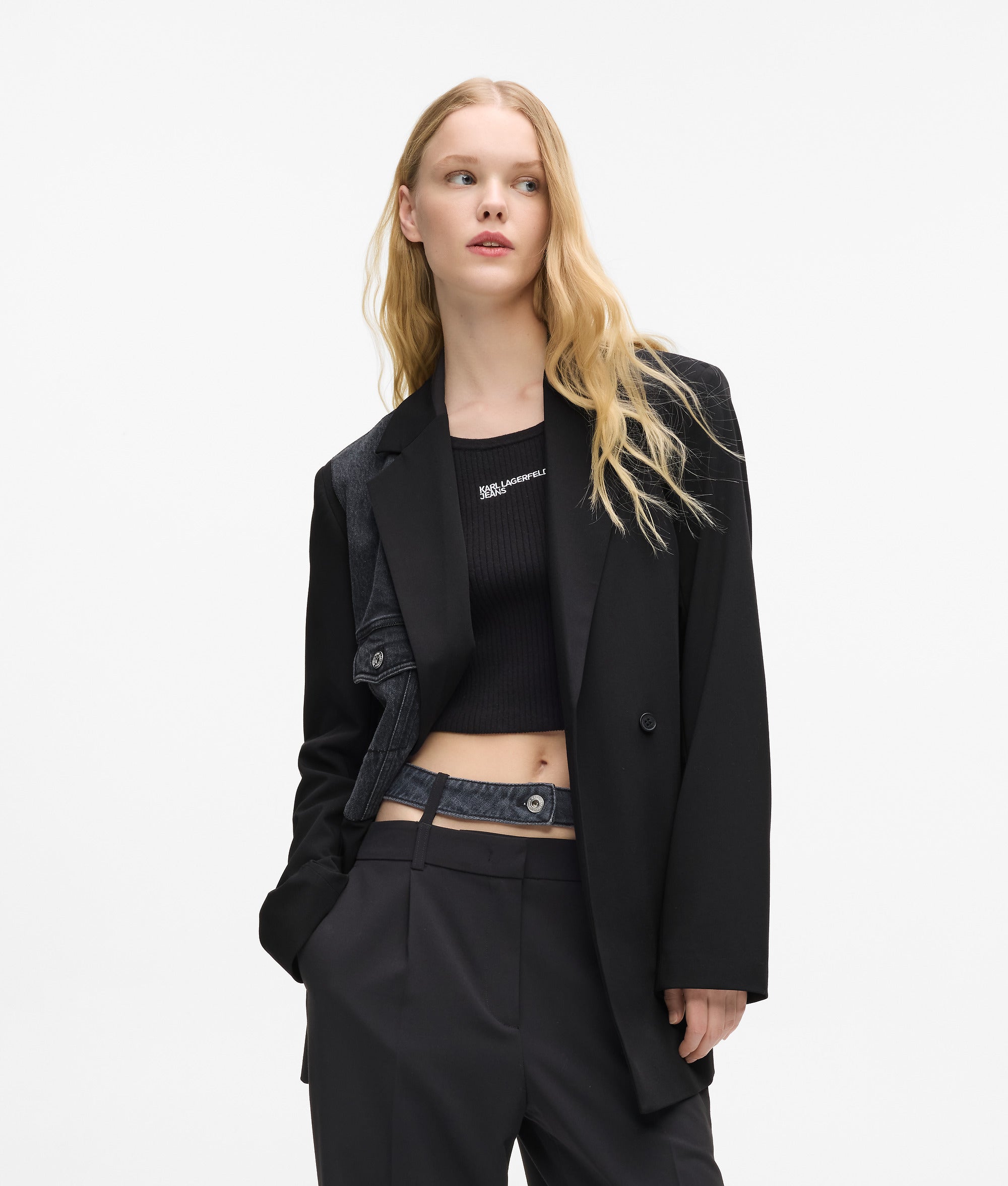 Karl Lagerfeld Denim Panel Blazer Washed Black-Black