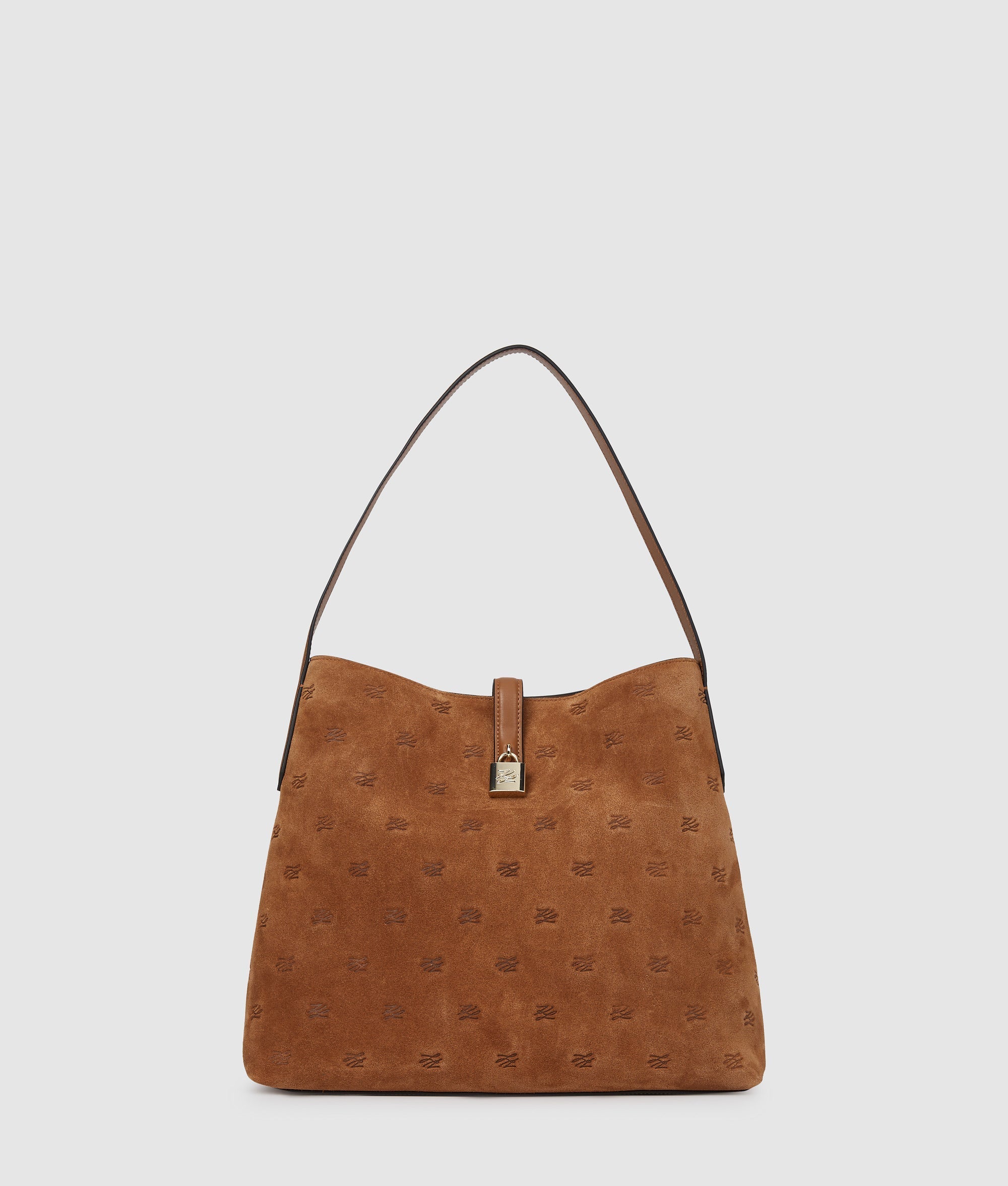 KarlLagerfeld Kautograph Padlock Suede Hobo Bag Dark Tan
