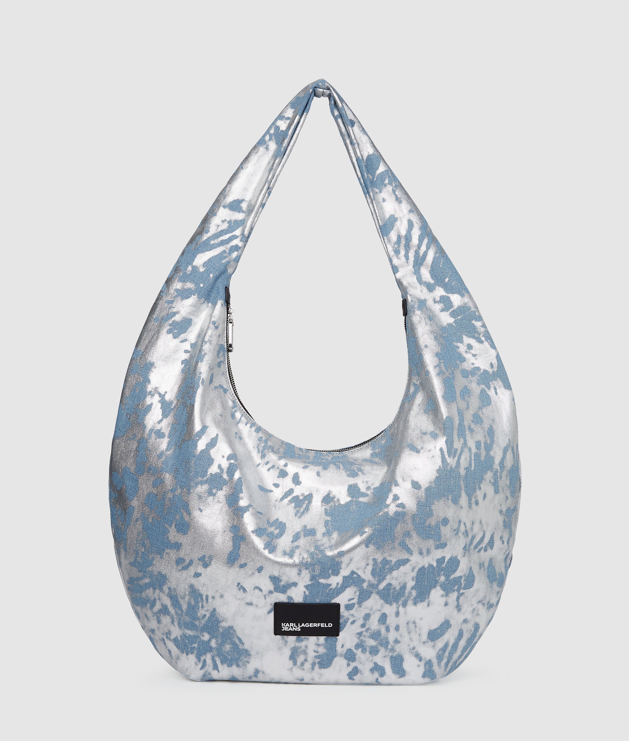 KarlLagerfeld Large High-Shine Denim Hobo Bag Silver Coated Denim