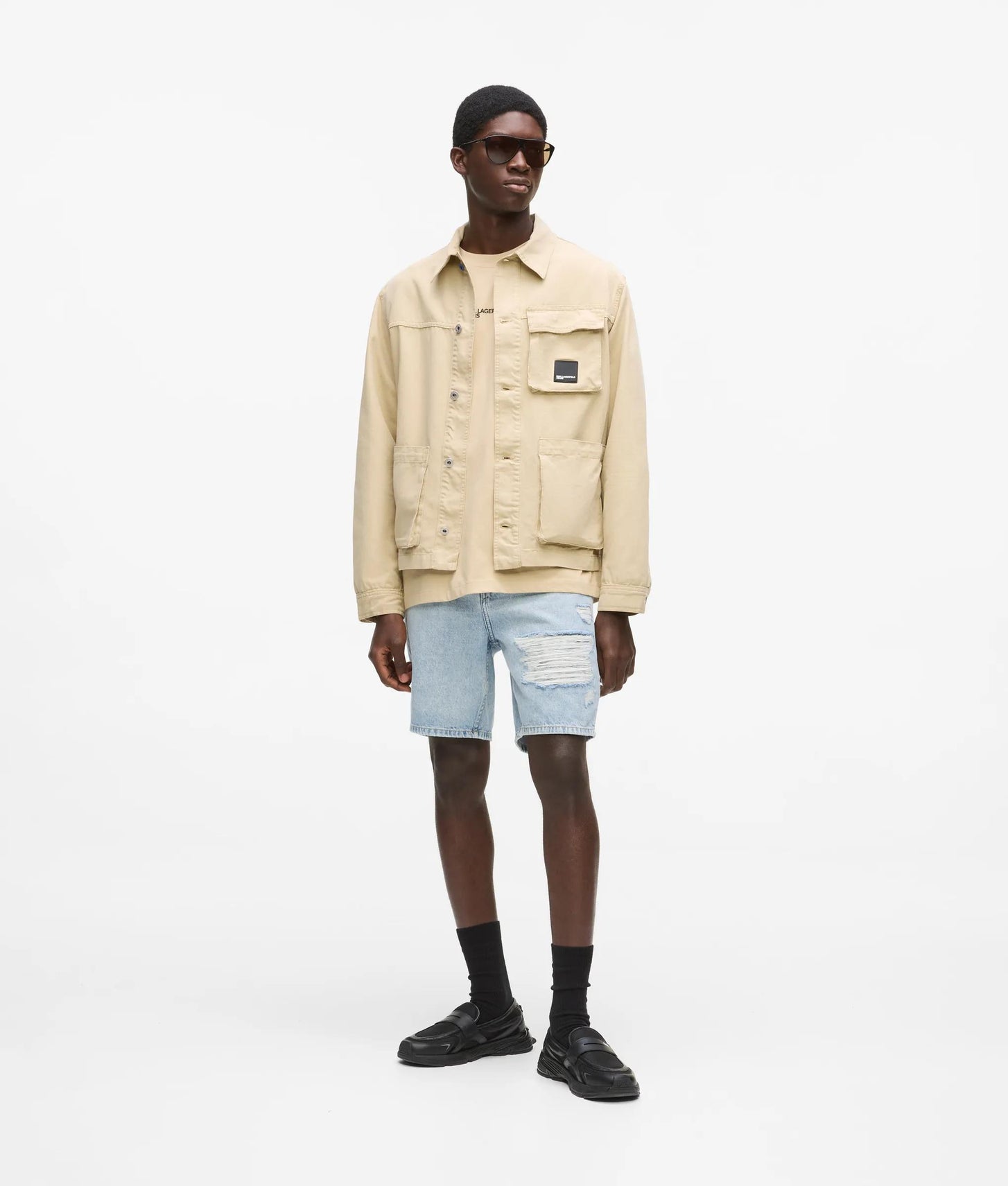 Karl Lagerfeld Distressed Relaxed Denim Shorts Visual Washed Blue Distressed