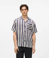 Karl Lagerfeld Ikon Short-Sleeved Striped Bowling Shirt Cannoli Cream